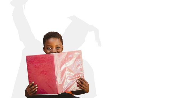 Digital composite of Digitally generated image of child holding book with shadow of graduate student in background