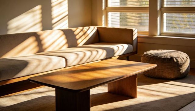 Sunlit midcentury interior casting striped shadows on beige sofa and wooden coffee table