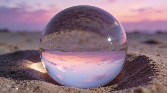 Glass sphere refracting inverted pastel sunset over sandy beach, serene dreamy reflection