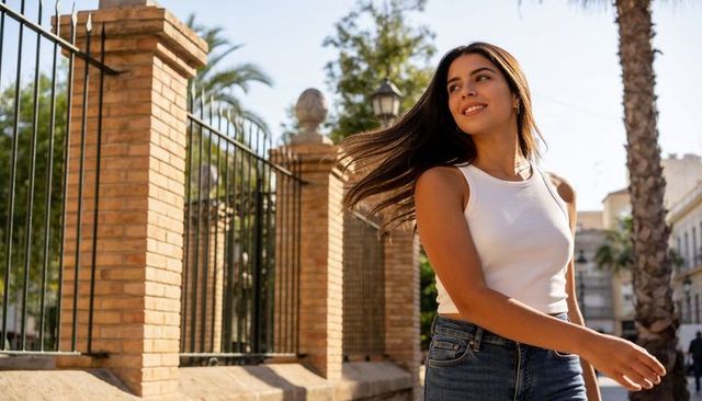 Smiling young woman strolling sunlit urban street wearing white tank and denim jeans