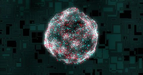 Abstract digital orb patterns emit vibrant red and white light