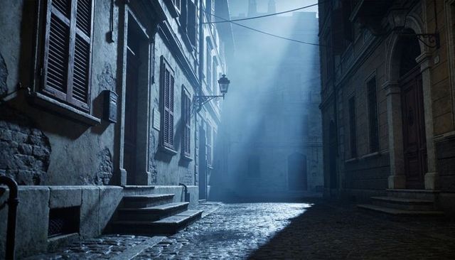 Misty moonlit cobblestone alley in historic european quarter with weathered wooden shutters