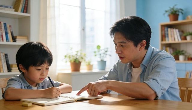 Father tutoring son at home helping with homework and writing in spiral notebook