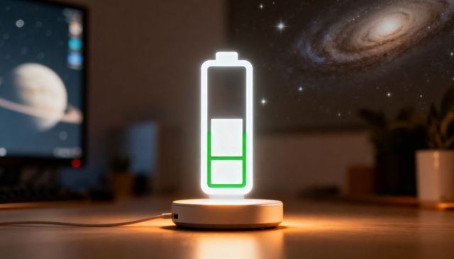 Floating holographic battery icon hovering above charging base with futuristic glow and cosmic galax