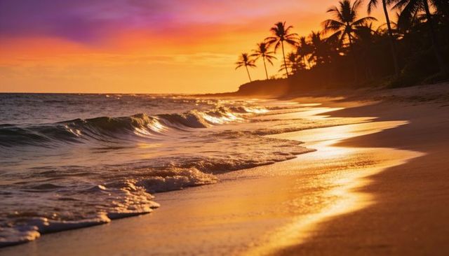 Tropical sunset beach with golden waves and palm silhouettes reflecting orange sky at dusk