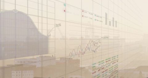 Transparent analytics dashboard overlaying city skyline with line charts and bar graphs