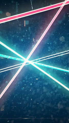 Vertical neon beams intersecting in magenta and turquoise with drifting particles