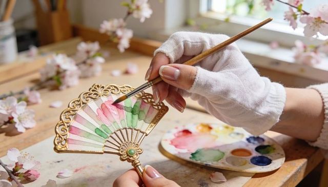 Painting ornate gold folding fan with watercolor brush amid cherry blossoms and palette