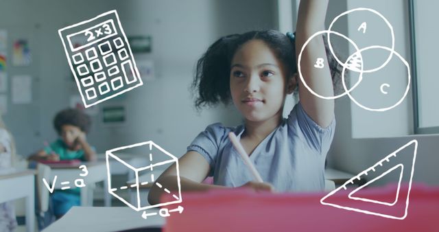 Image of maths icons over happy biracial schoolgirl raising hand at desk in class. Mathematics, school, childhood, education and learning, digitally generated image.
