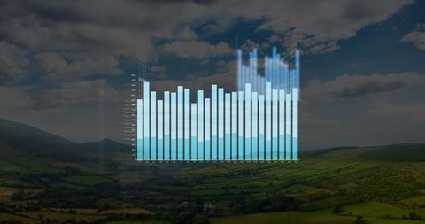 3D Holographic Bar Chart Overlaying Scenic Rural Landscape