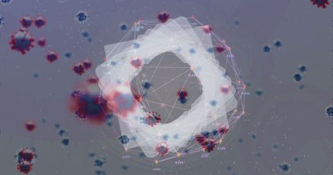 Abstract digital interface with rotating circles amidst coronavirus