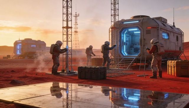 Mars base crew assembling communication tower at sunset, teamwork on red planet
