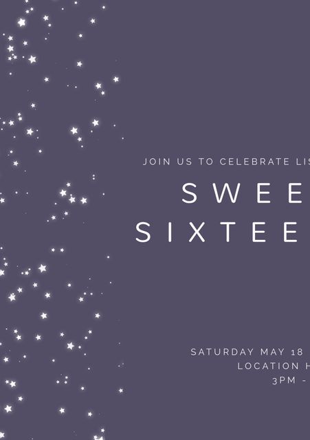 Perfect for creating invitations for sweet sixteen parties, milestone celebrations, or astronomy-related gatherings. The elegant design features a backdrop of stars, evoking a magical and celestial ambiance. Customize with event details to fit various celebratory events.