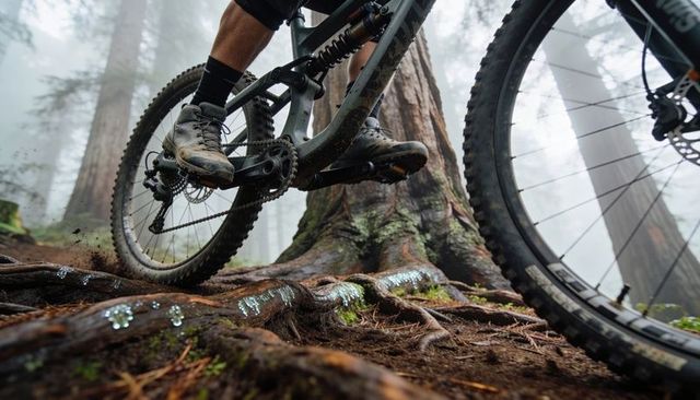 Powering pedals over wet roots: mountain biker riding muddy singletrack foggy forest