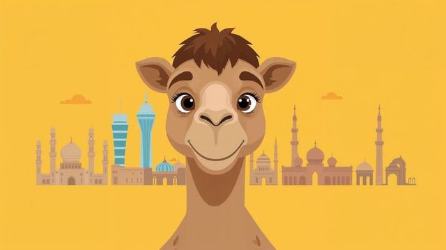 Whimsical camel amid middle eastern cityscape