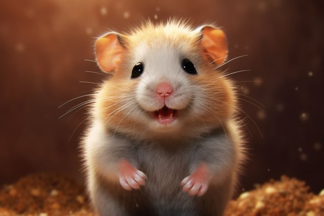 Close up of cute hamster on brown background, created using generative ai technology. Pet, animal and rodent concept digitally generated image.