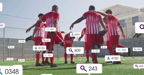 Soccer team stretching with dynamic social media overlay