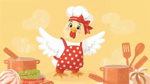 Cheerful cartoon chicken chef cartoon in rustic perennial kitchen