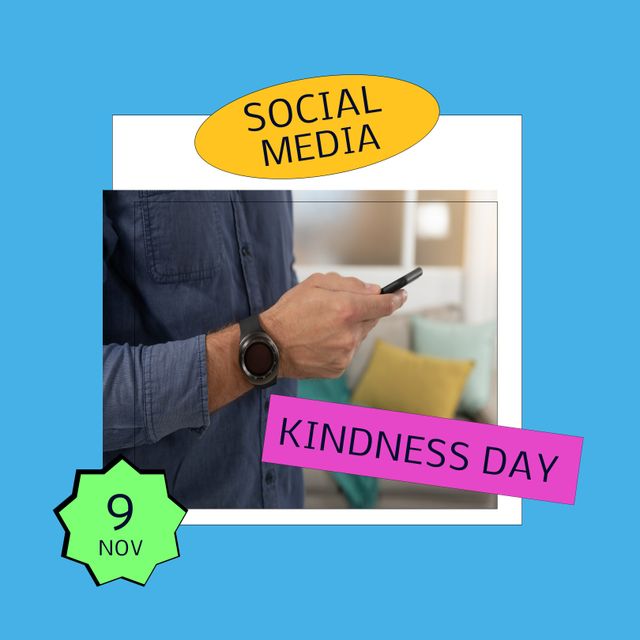 Image depicts a Caucasian man using a smartphone, highlighting the significance of social media on Kindness Day, which is on November 9. Great for articles promoting digital communication, social awareness campaigns, kindness initiatives, and relevant blog posts centered around tech usage and community management.