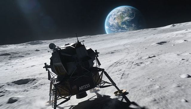 Lunar lander resting on moon with Earthrise, long shadow casting across regolith