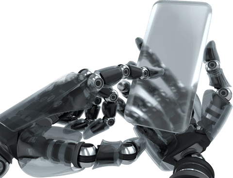 Transparent robot hands holding transparent glass phone