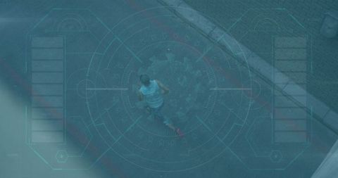 Man Sprinting on Road with Futuristic HUD Overlay
