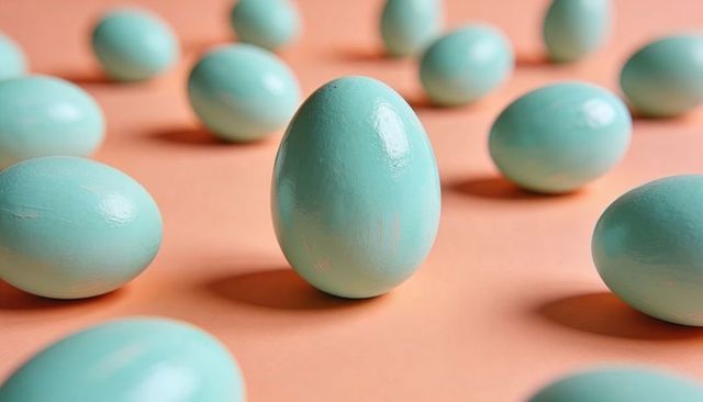 Standing turquoise egg on peach surface creating minimal pastel still life composition