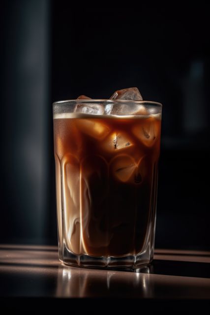 Glass of iced black coffee on dark background, created using generative ai technology. Coffee, summer, cafe, drinks and refreshments concept digitally generated image.