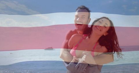 Joyful Couple Embracing on Beach with Overlaying Stripes