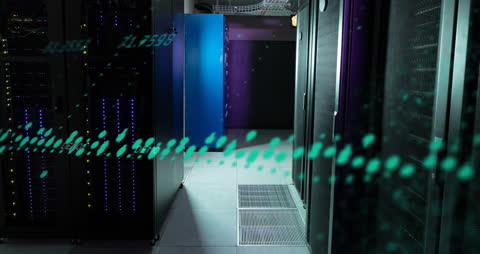 Financial Data Processing in Server Room with Digital Animation