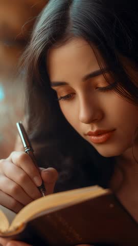 Vertical video Asian woman writing in notebook and reviewing notes, studying with focus