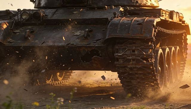 Rusted battle tank churning dust and sparks, close-up track and hull at golden sunset