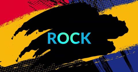 Rock concert grunge poster featuring bold black paint splash, red yellow blue halftone textures