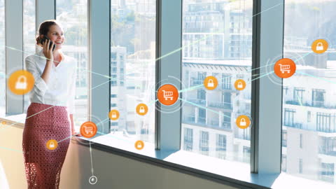 Businesswoman Using Smartphone with Digital Network Connections