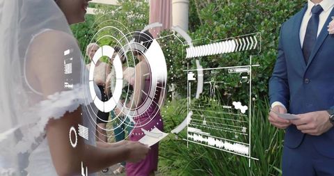 Bride reading vows with futuristic hud overlay, groom in blue suit at garden ceremony