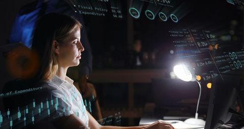 Businesswoman Analyzing Financial Data in Modern Office at Night - Download Free Stock Images Pikwizard.com