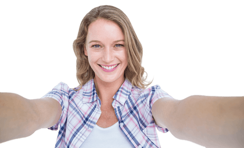 Transparent Happy Woman Smiling in Casual Shirt Taking Selfie