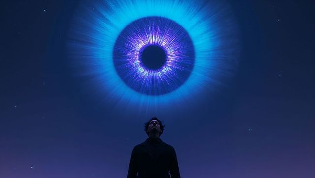 Lone man gazing into luminous celestial portal above starry night sky for sci-fi concept