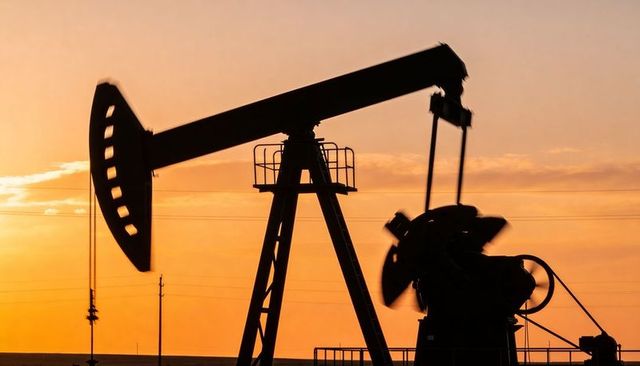 Dominating oil pumpjack silhouetting against golden sunset on flat prairie horizon