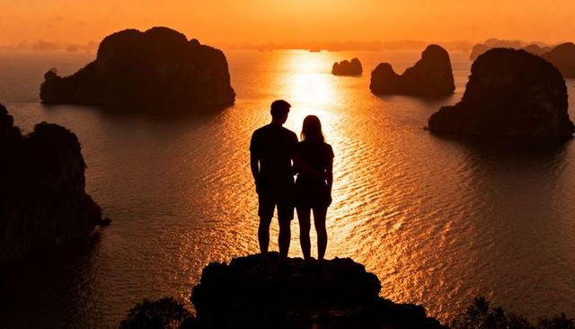 Standing couple watching golden sunset over limestone karst islands from cliff overlook