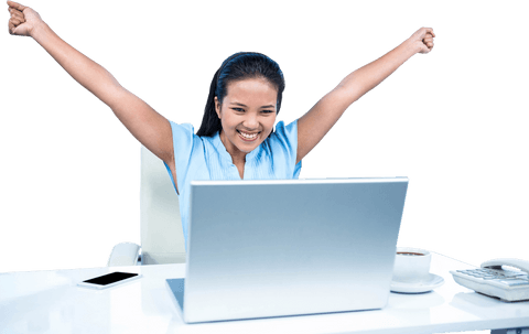 Joyful Woman Celebrating Success with Laptop in Transparent Style