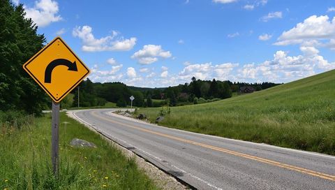 Yellow Right Curve Warning Sign Guiding Winding Country Road Through Lush Green Countryside