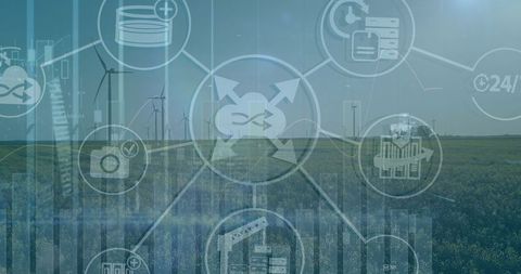 Digital Connectivity with Wind Turbines and Data Technology Icons