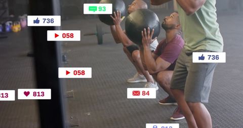 People Exercising with Digital Icons Overlay in Gym