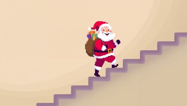 Pixel santa climbing purple stairs carrying gift sack retro 8-bit minimalist beige holiday