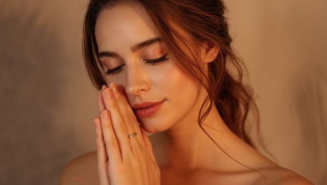 Warm golden closeup of woman resting with eyes closed, hands near face, natural makeup