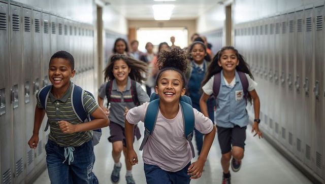 Energetic Kids Running in School Corridor with Backpacks