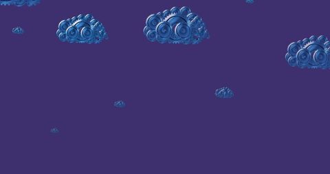 Blue cog-shaped clouds on purple background symbolizing technology