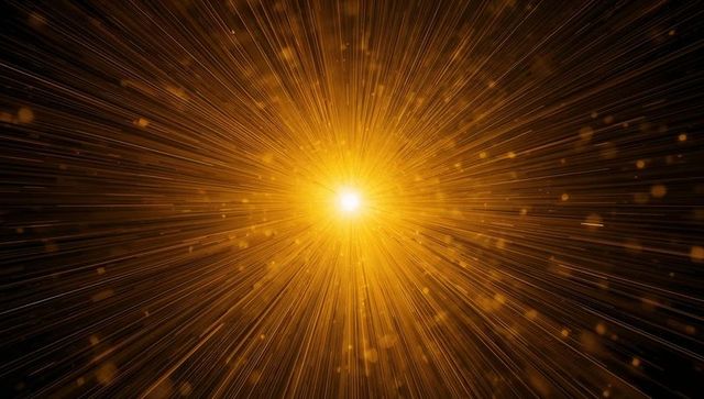 Golden Starburst Explosion Radiating Light Beams and Bokeh Particles on Dark Background