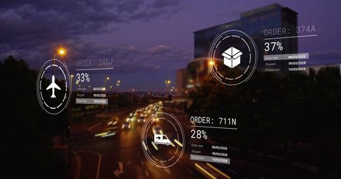 Futuristic city with digital shipping and delivery data overoverlay